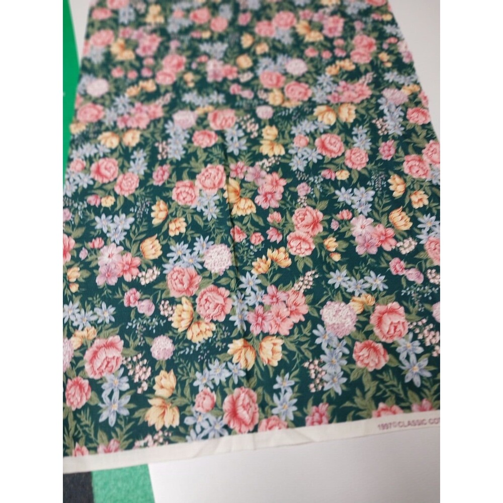 14" By 22" Cotton Fabric Green Blackgroud PInk BLue FLowers